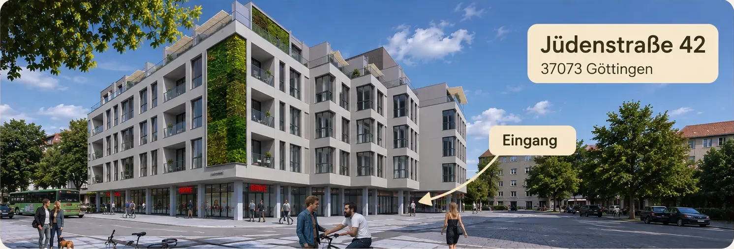Gebäude Jüdenstraße 42 in Göttingen mit markiertem Eingang neben dem REWE