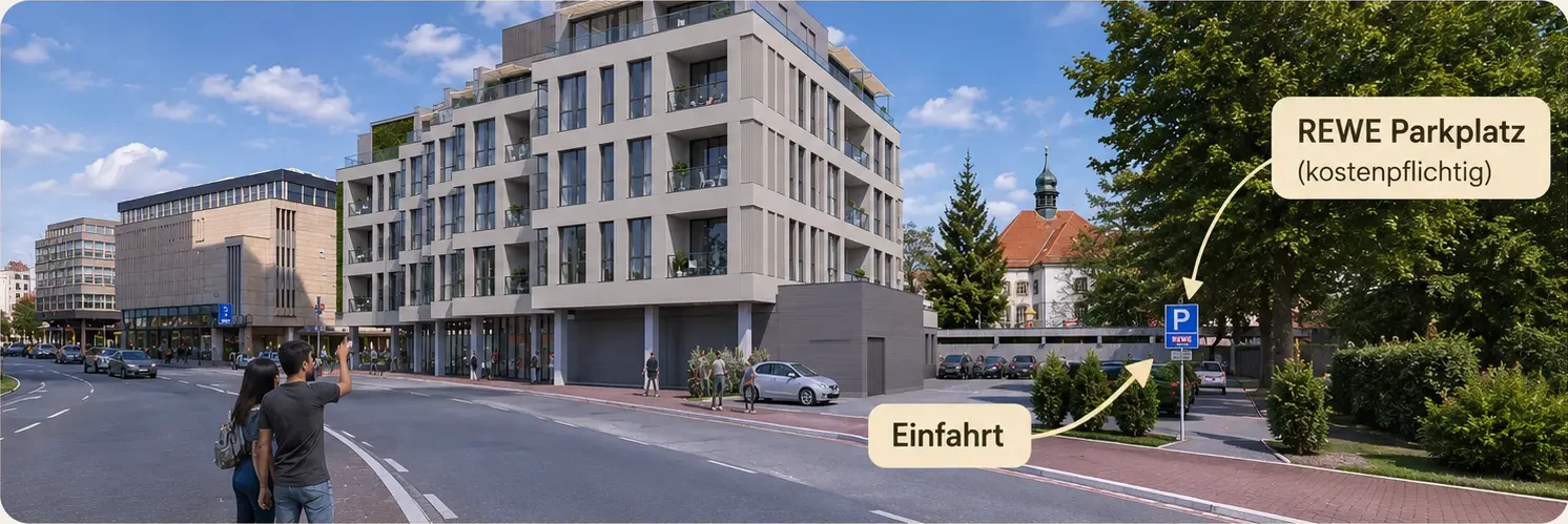 Einfahrt zum kostenpflichtigen REWE-Parkplatz an der Jüdenstraße